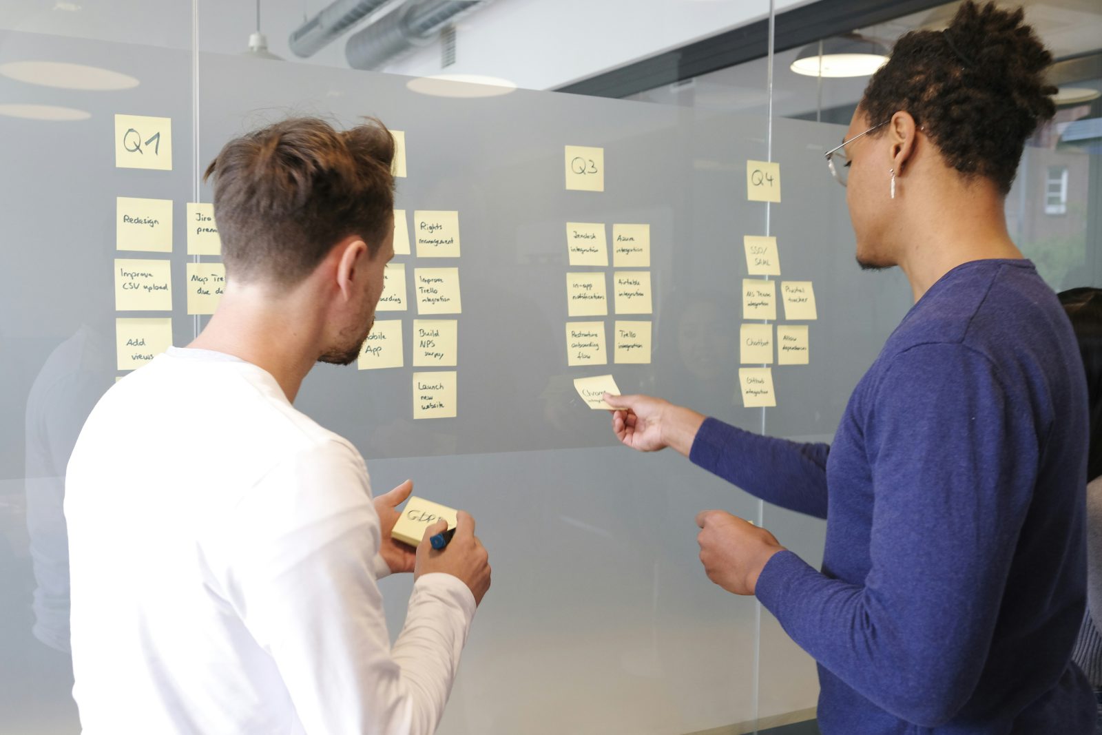 Deux personnes organisent les étapes d'un processus d'acquisition client sur des post-it