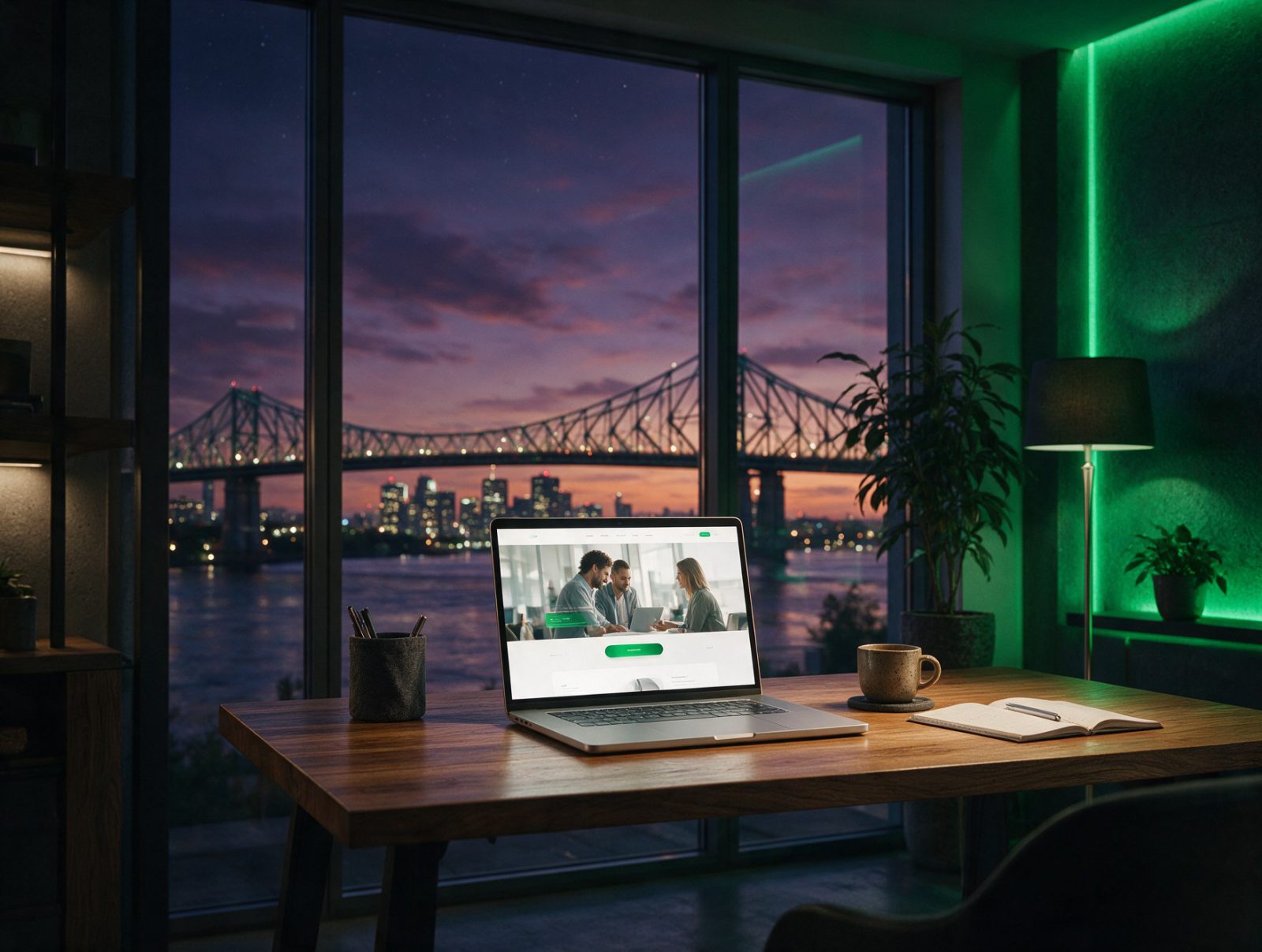 Site web d’entreprise sur un ordinateur, avec vue sur le pont et Montréal